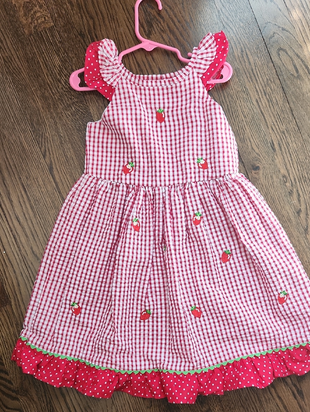 Rare Editions Pink Gingham Strawberry Dress with Red Accents